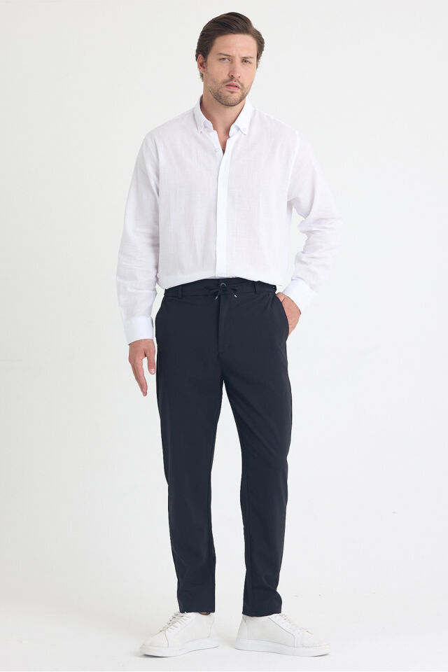 Erkek Yandan Cepli Beli Lastikli Bağcıklı Kemerli Relaxed Fit Rahat Kesim Coolkumaş Pantolon Siyah - M