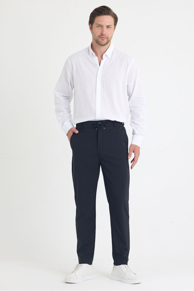 Erkek Yandan Cepli Beli Lastikli Bağcıklı Kemerli Relaxed Fit Rahat Kesim Coolkumaş Pantolon Siyah - L