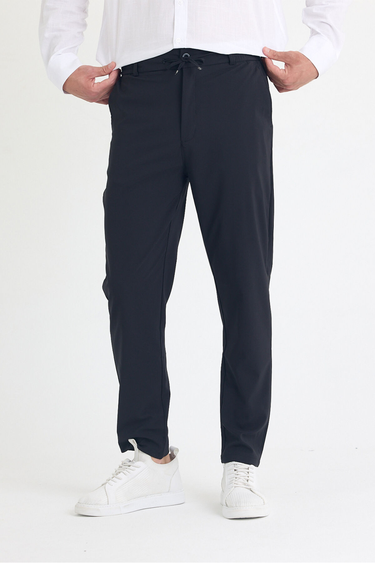 Erkek Yandan Cepli Beli Lastikli Bağcıklı Kemerli Relaxed Fit Rahat Kesim Coolkumaş Pantolon Siyah - XL