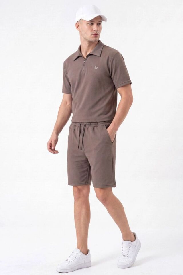 Erkek Fino Baskısız Klasik Şortlu Takım Vizon - 2XL