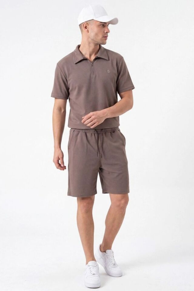 Erkek Fino Baskısız Klasik Şortlu Takım Vizon - L