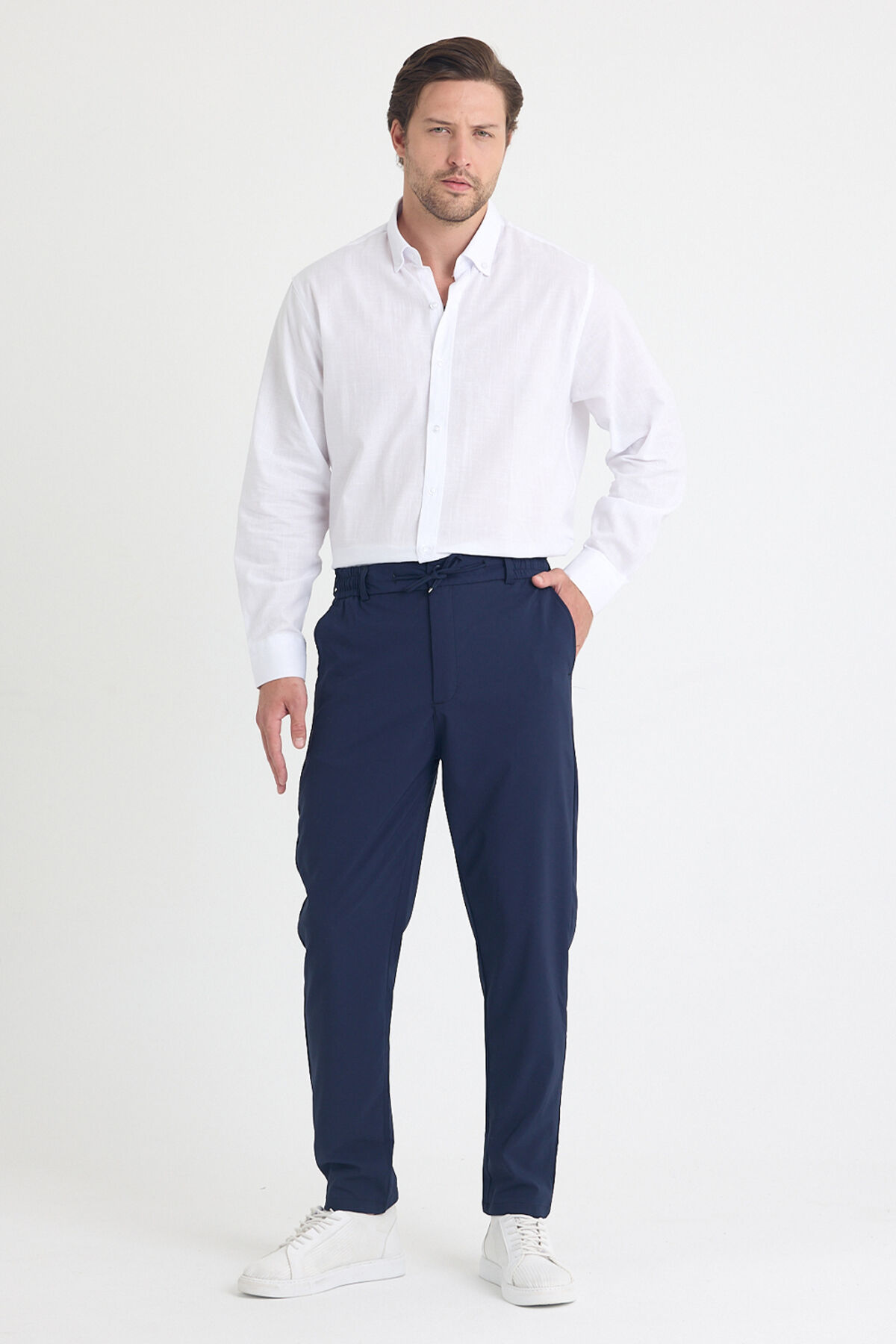 Erkek Yandan Cepli Beli Lastikli Bağcıklı Kemerli Relaxed Fit Rahat Kesim Coolkumaş Pantolon Lacivert - XL