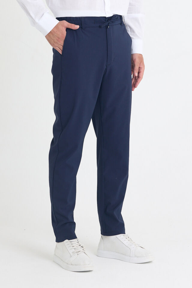 Erkek Yandan Cepli Beli Lastikli Bağcıklı Kemerli Relaxed Fit Rahat Kesim Coolkumaş Pantolon Lacivert - S