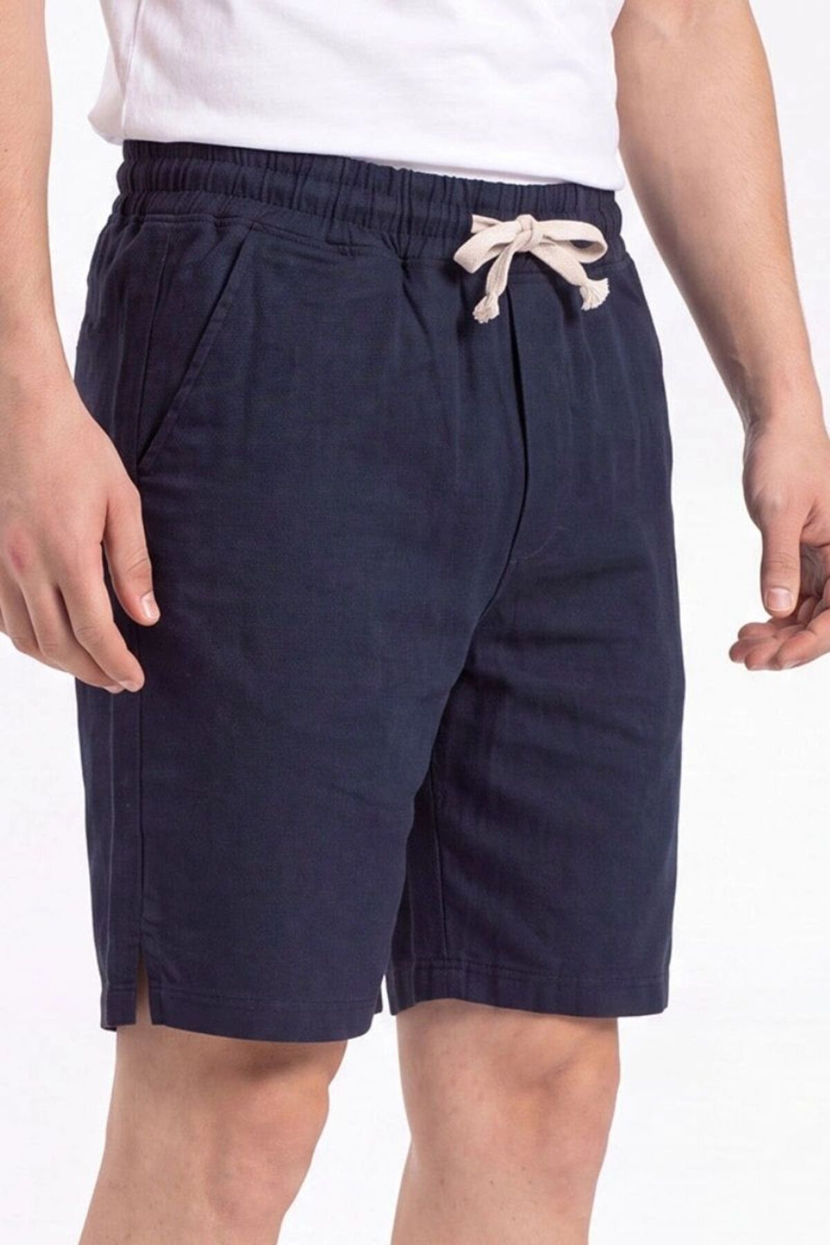 Erkek Hawai Keten Yırtmaçlı Yan Cepli Şort Lacivert - XL