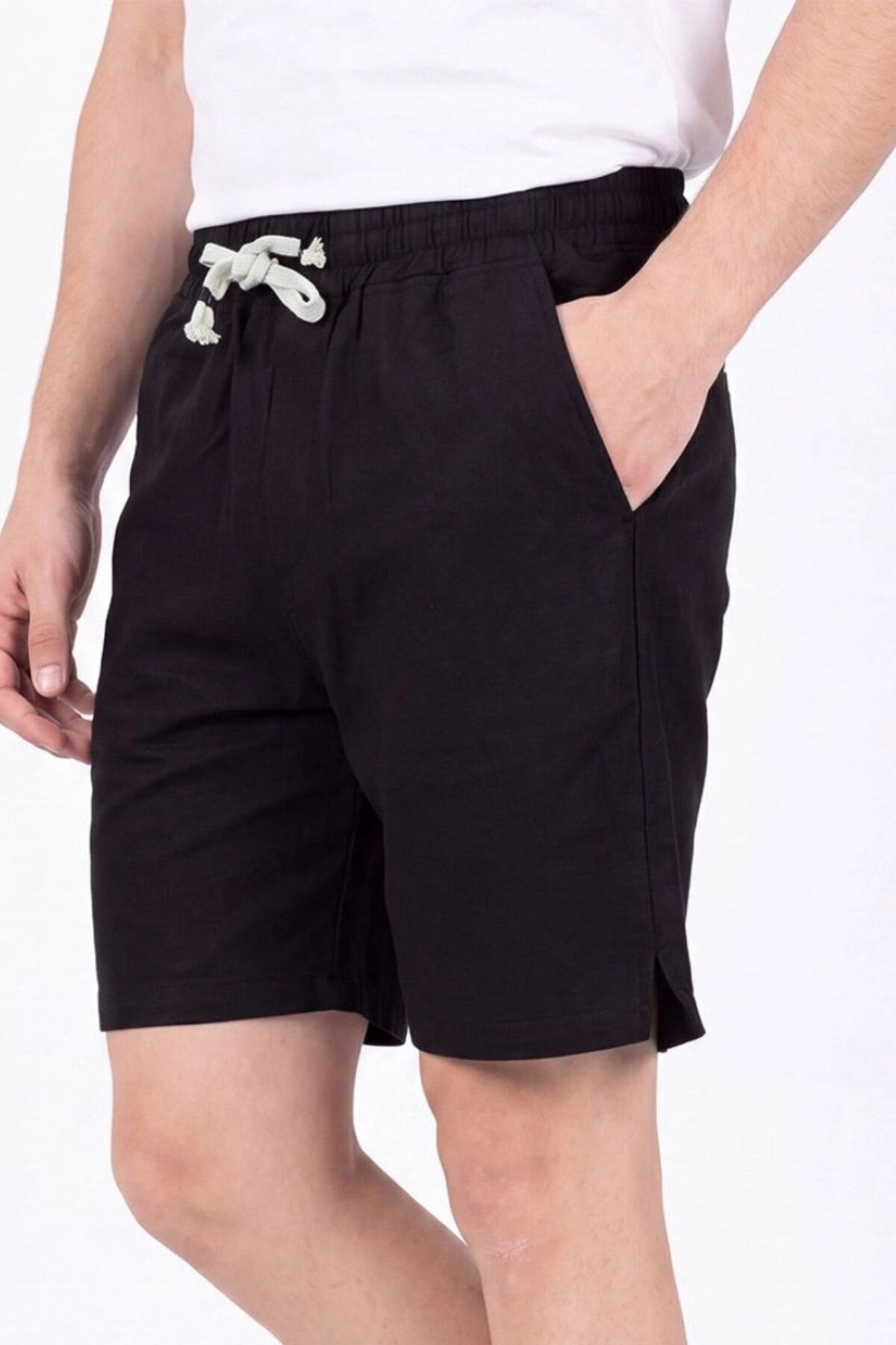 Erkek Hawai Keten Yırtmaçlı Yan Cepli Şort Siyah - XL