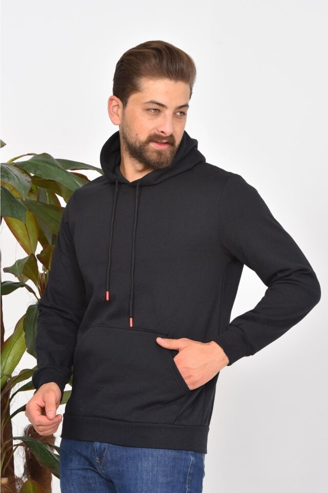 Sweatshirt Kalın Kışlık Kanguru Cepli Uzun Kollu Unisex Kapüşonlu Siyah Si̇yah - S