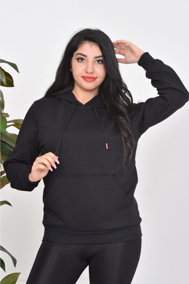 Sweatshirt Kalın Kışlık Kanguru Cepli Uzun Kollu Unisex Kapüşonlu Siyah Si̇yah - S