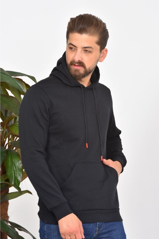 Sweatshirt Kalın Kışlık Kanguru Cepli Uzun Kollu Unisex Kapüşonlu Siyah Si̇yah - S