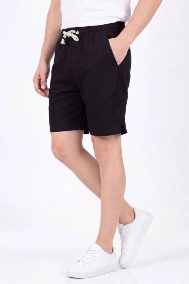Erkek Hawai Keten Yırtmaçlı Yan Cepli Şort Siyah - 2XL