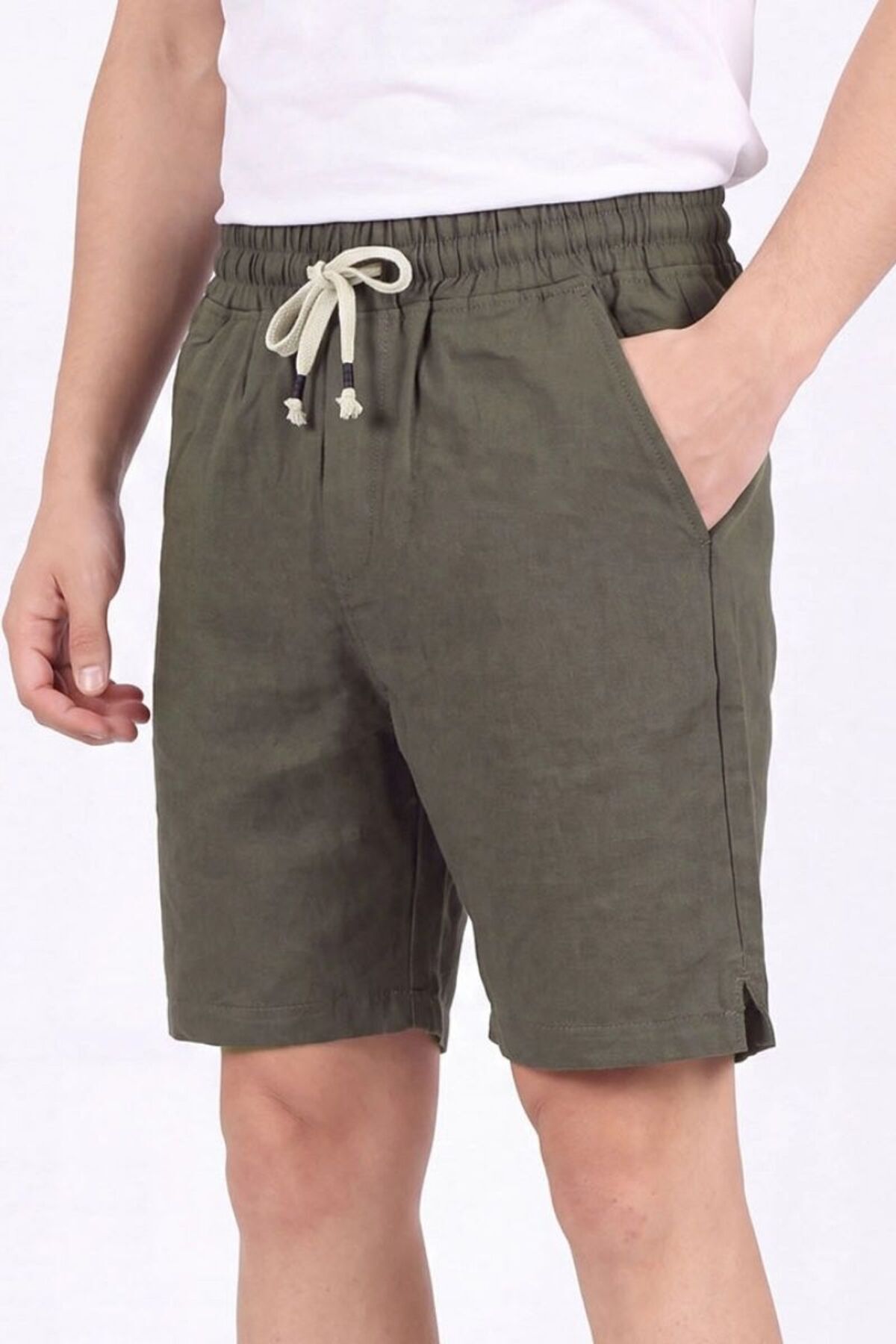 Erkek Hawai Keten Yırtmaçlı Yan Cepli Şort Haki - 2XL