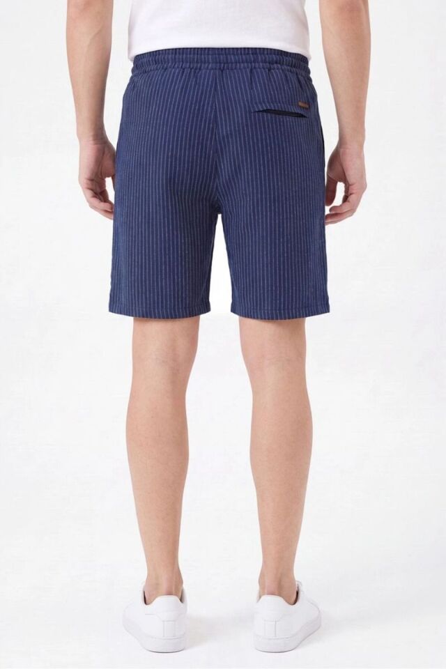 Erkek Silver Çizgili Ayarlanabilir Bel Yırtmaçlı Şort Lacivert - XL