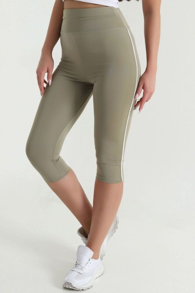 Kadın Yüksek Bel Toparlayıcı Yanı Şeritli Model Push Up Likralı Tayt Haki - L