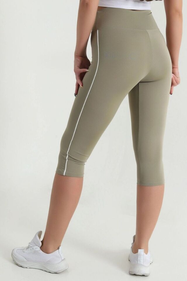 Kadın Yüksek Bel Toparlayıcı Yanı Şeritli Model Push Up Likralı Tayt Haki - XL