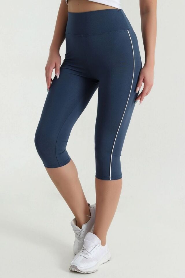 Kadın Yüksek Bel Toparlayıcı Yanı Şeritli Model Push Up Likralı Tayt Petrol - 2XL