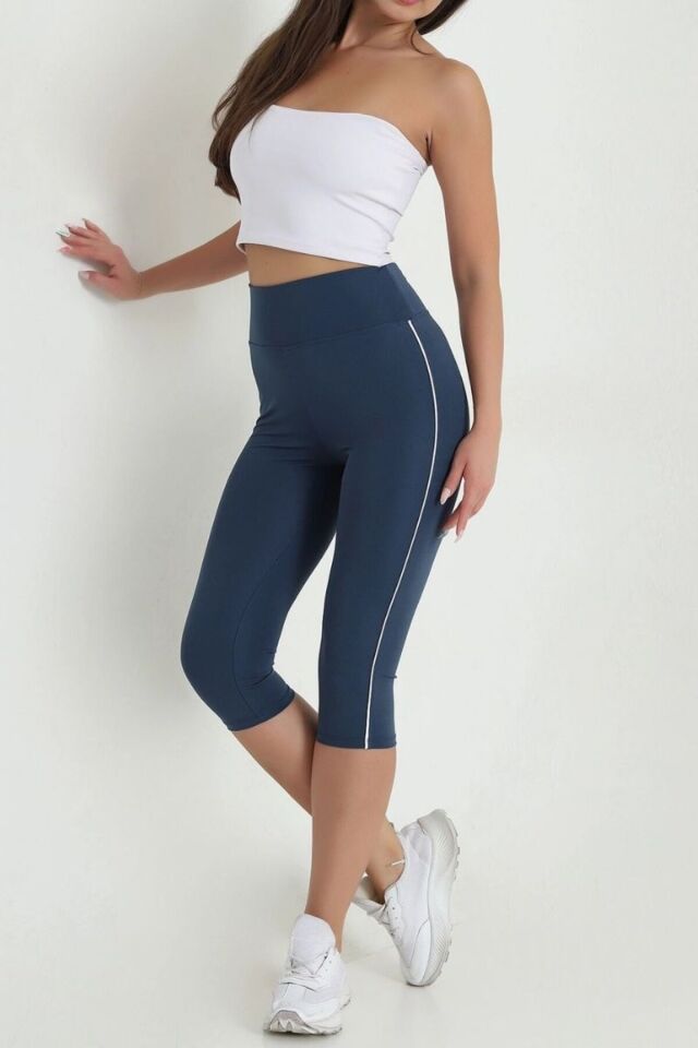 Kadın Yüksek Bel Toparlayıcı Yanı Şeritli Model Push Up Likralı Tayt Petrol - 2XL