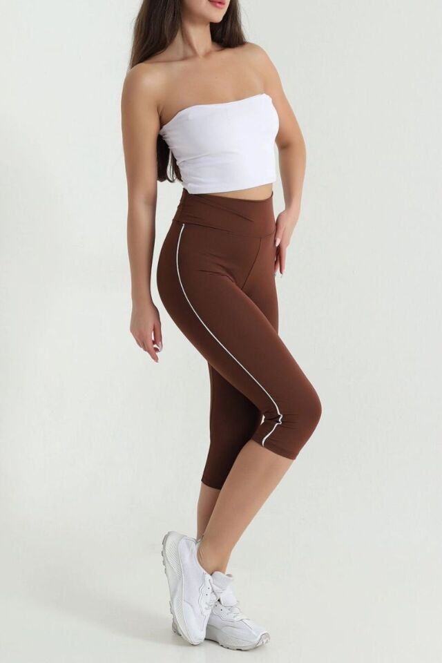 Kadın Yüksek Bel Toparlayıcı Yanı Şeritli Model Push Up Likralı Tayt Kahve - XL
