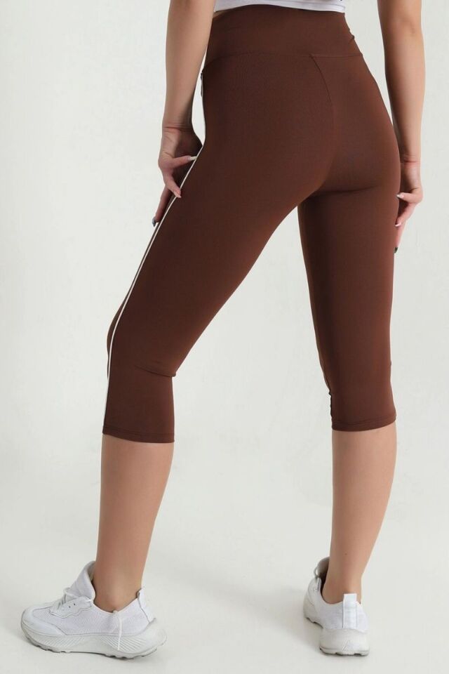 Kadın Yüksek Bel Toparlayıcı Yanı Şeritli Model Push Up Likralı Tayt Kahve - XL