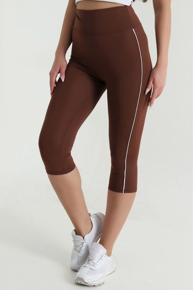 Kadın Yüksek Bel Toparlayıcı Yanı Şeritli Model Push Up Likralı Tayt Kahve - XL