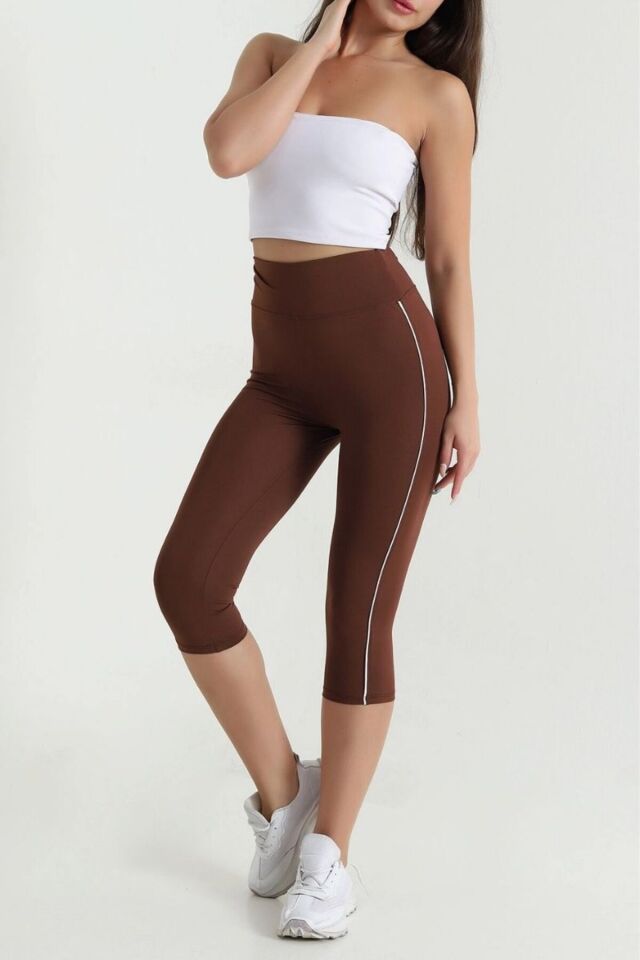 Kadın Yüksek Bel Toparlayıcı Yanı Şeritli Model Push Up Likralı Tayt Kahve - L