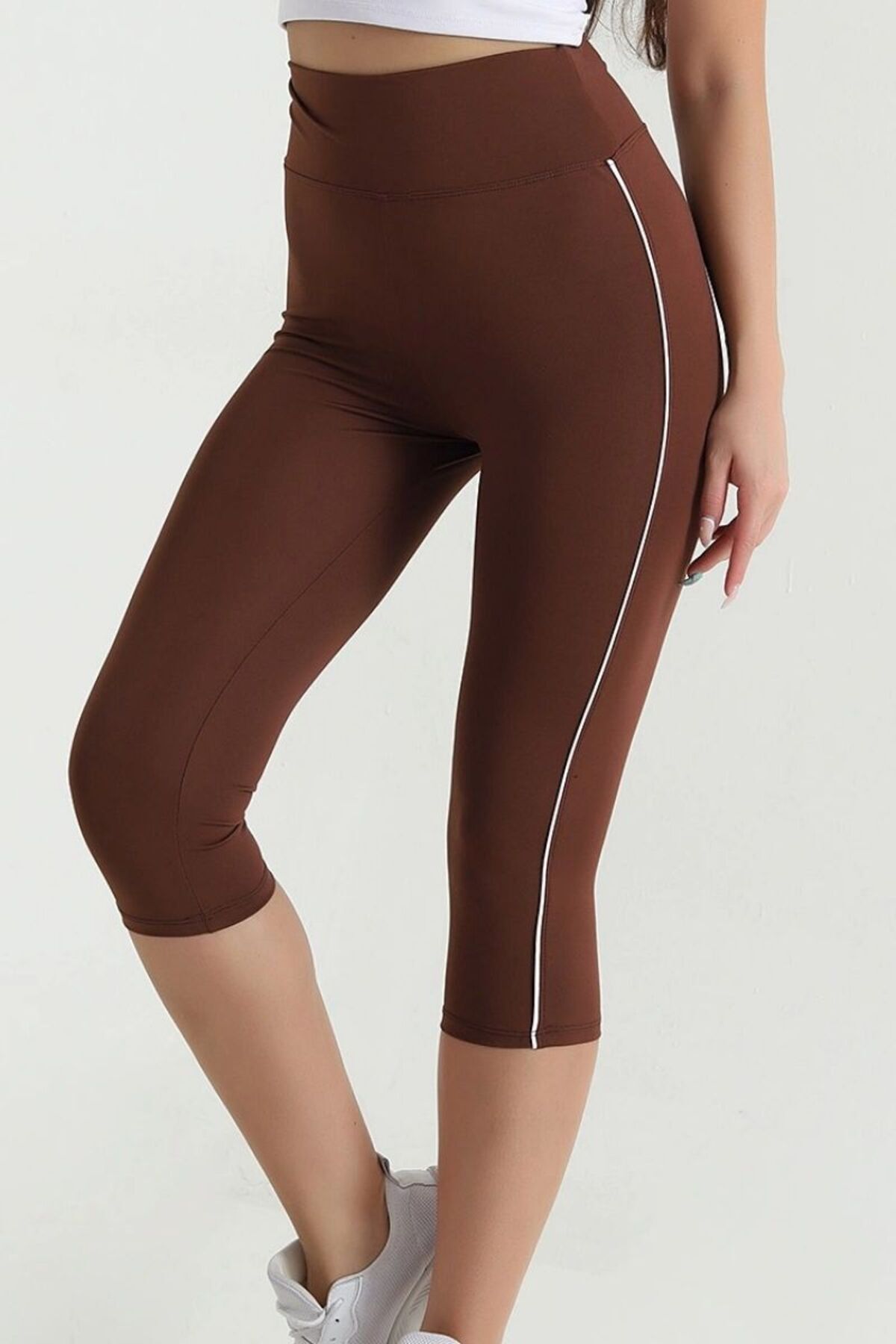 Kadın Yüksek Bel Toparlayıcı Yanı Şeritli Model Push Up Likralı Tayt Kahve - M