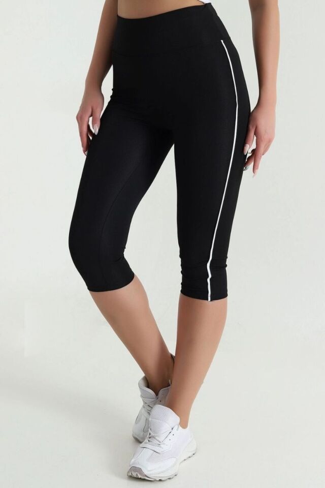Kadın Yüksek Bel Toparlayıcı Yanı Şeritli Model Push Up Likralı Tayt Siyah - 2XL