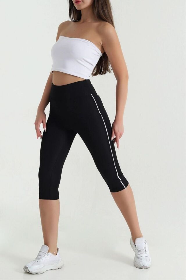 Kadın Yüksek Bel Toparlayıcı Yanı Şeritli Model Push Up Likralı Tayt Siyah - 2XL