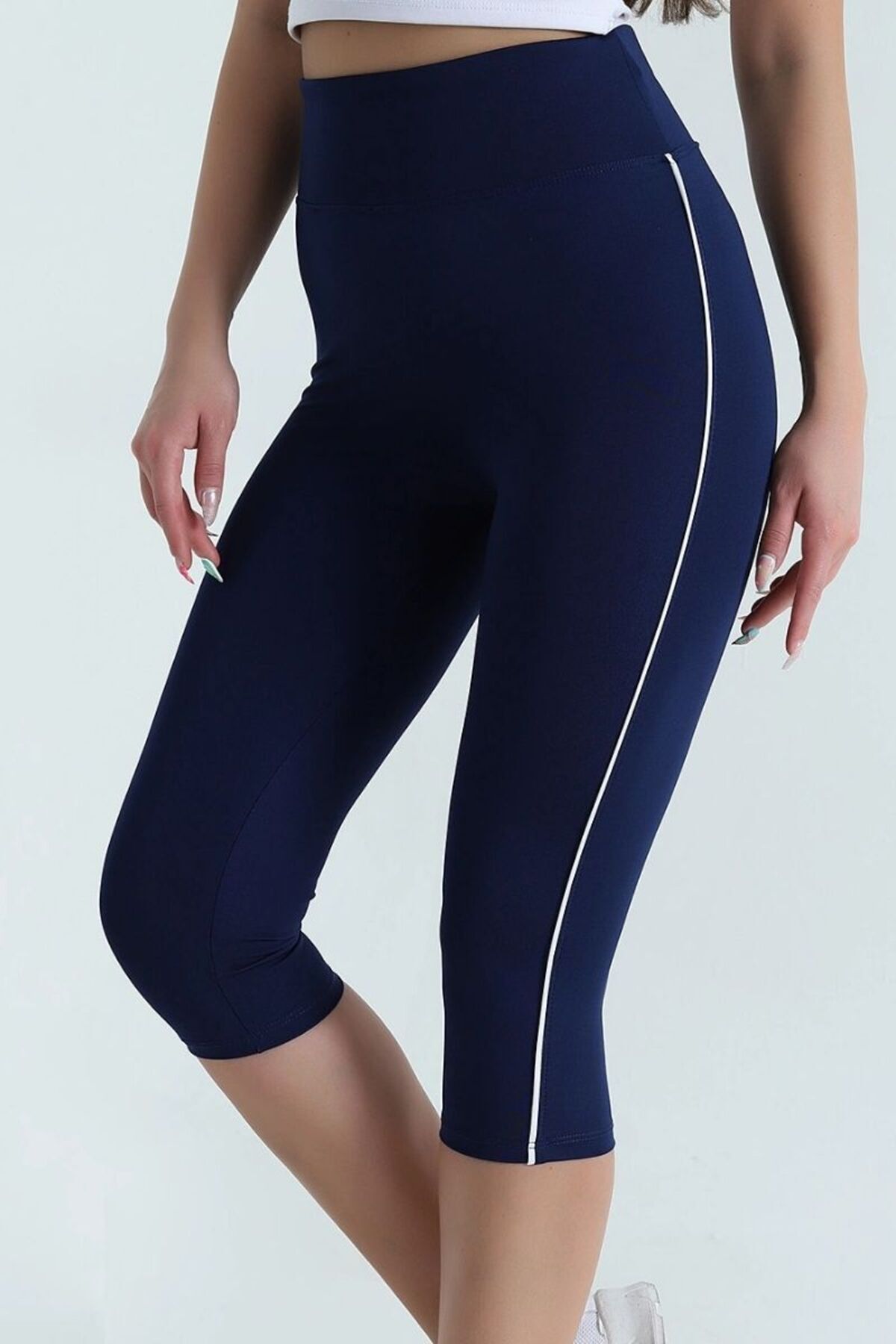 Kadın Yüksek Bel Toparlayıcı Yanı Şeritli Model Push Up Likralı Tayt Lacivert - 2XL