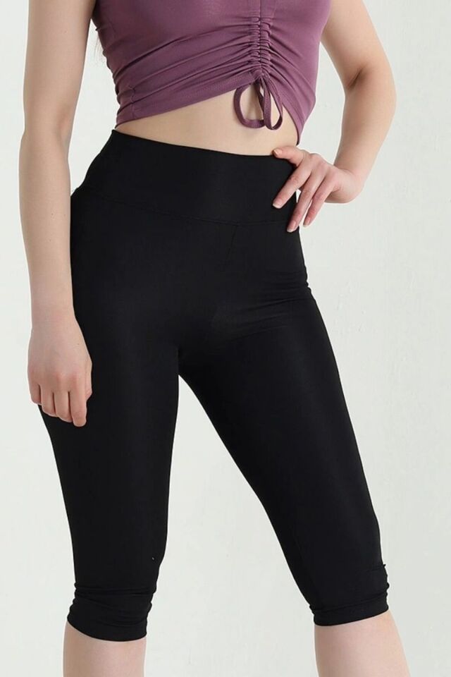 Kadın Telefon Cep Detaylı Yüksek Bel Topralayıcı Etki Push Up Likralı Kapri Tayt Siyah - 2XL