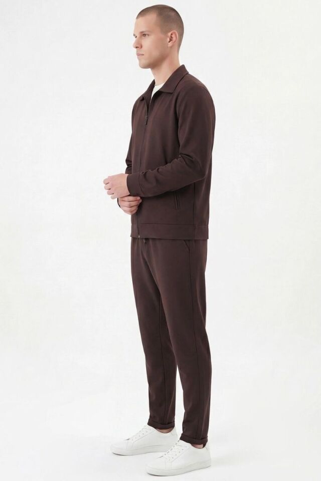 Erkek Boydan Fermuarlı Mevsimlik Ceketli Takım Acı Kahve - XL