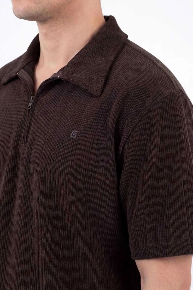 Troy Polo Yaka Yarım Fermuarlı Yazlık Erkek Şortlu Takım Acı Kahve - 2XL