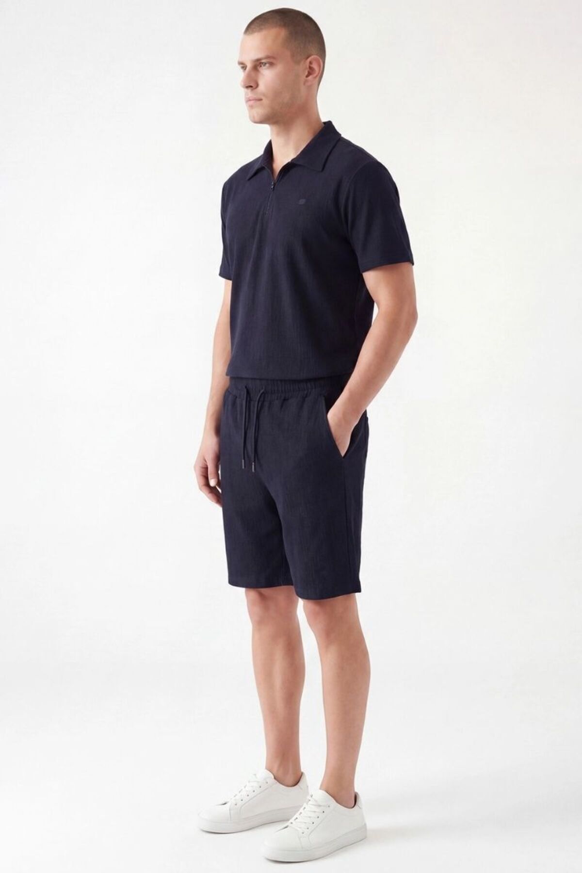 Troy Polo Yaka Yarım Fermuarlı Yazlık Erkek Şortlu Takım Lacivert - 2XL