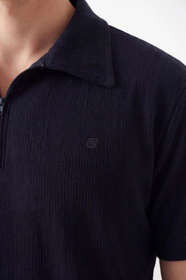 Troy Polo Yaka Yarım Fermuarlı Yazlık Erkek Şortlu Takım Lacivert - XL