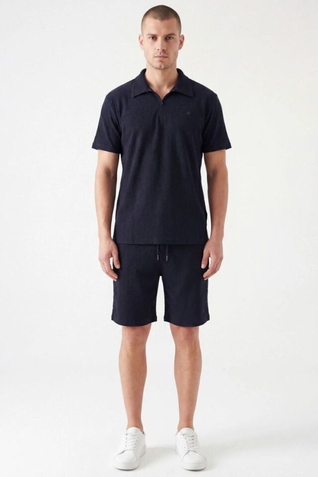 Troy Polo Yaka Yarım Fermuarlı Yazlık Erkek Şortlu Takım Lacivert - XL