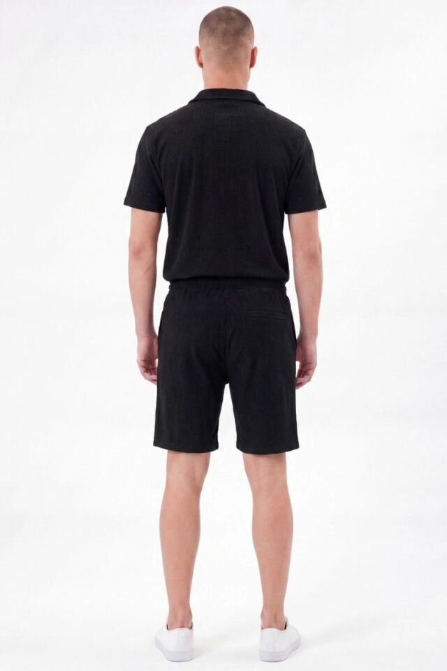 Troy Polo Yaka Yarım Fermuarlı Yazlık Erkek Şortlu Takım Siyah - XL